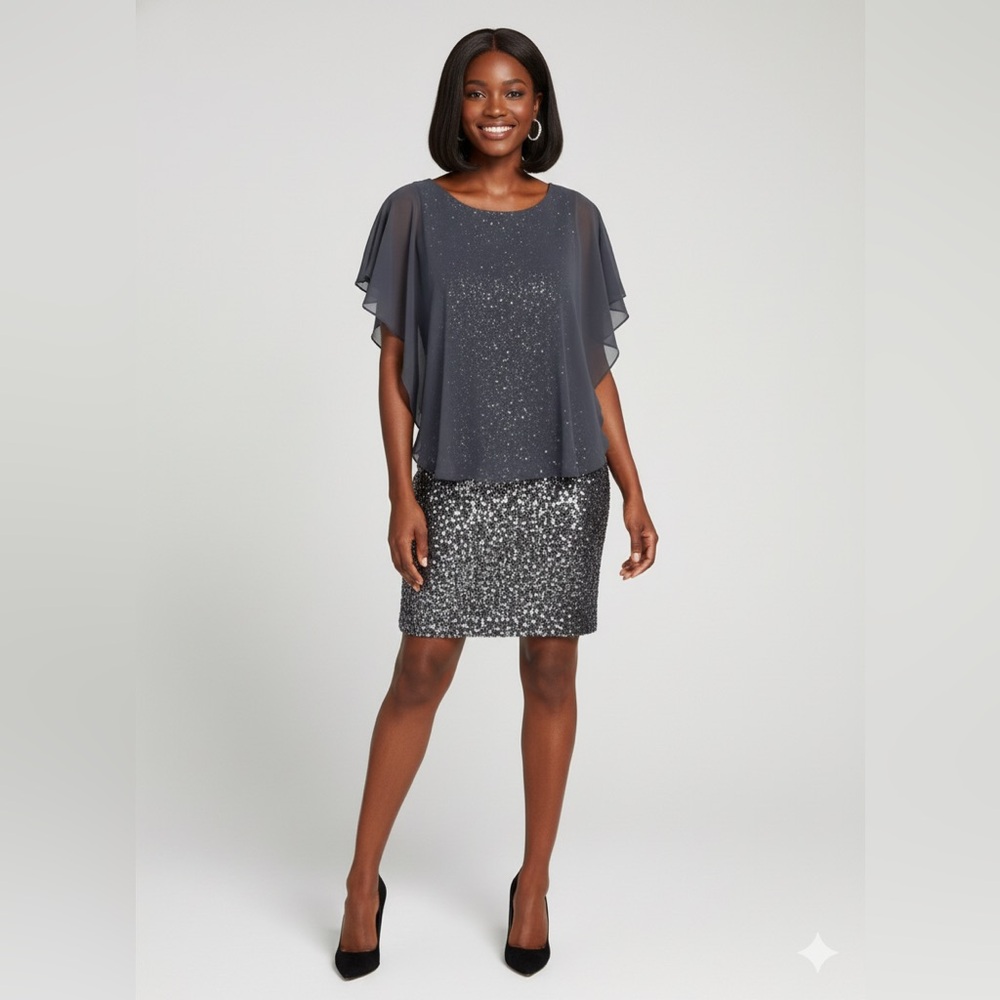 Betsy & Adam Sophisticated sequin sparkle Gray Dress size 8 - Picture 1 of 6
